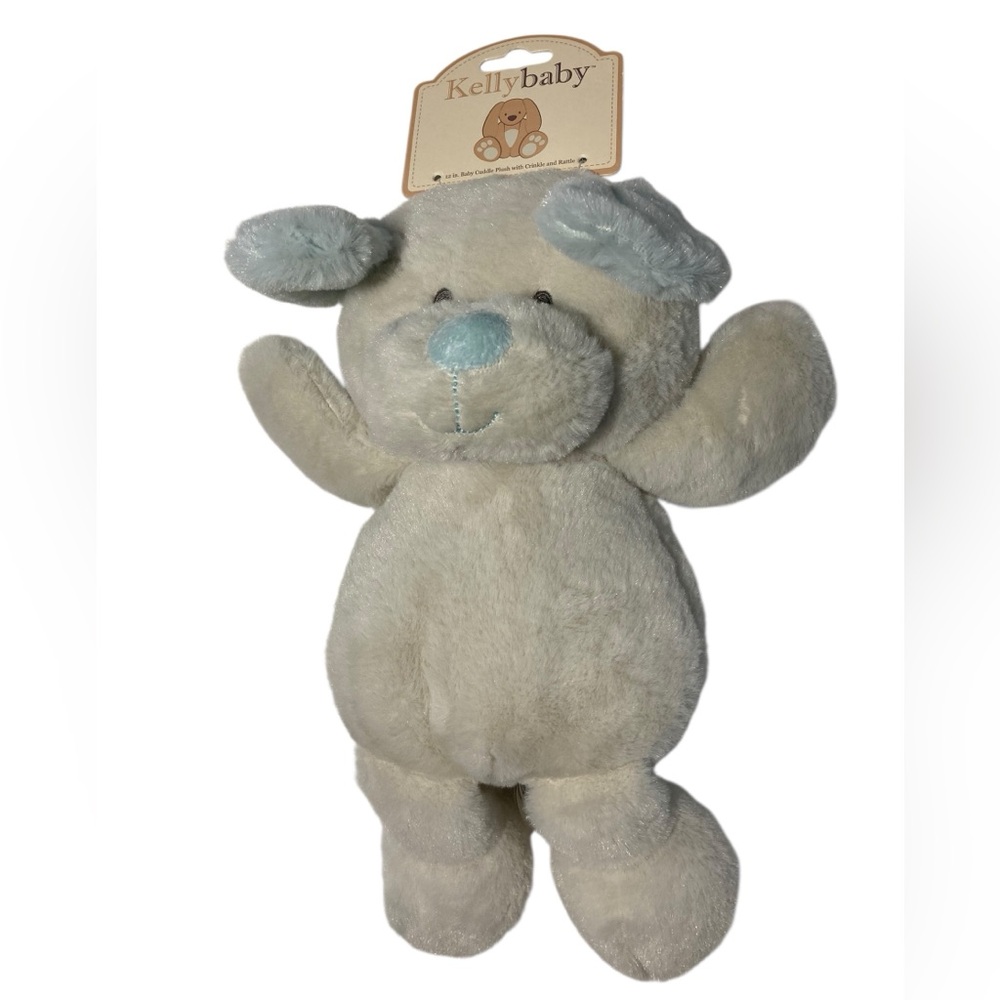 NEW Kellybaby 12” Puppy Dog Cuddle Plush Rattle Cream Blue TAGS Kellytoy 2018
